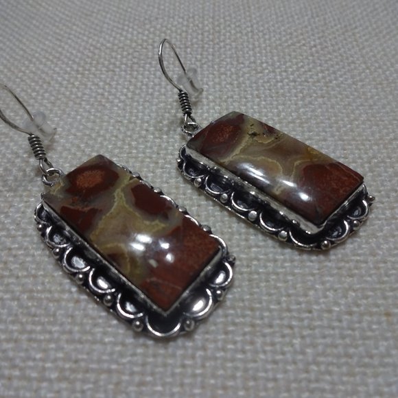 Natural "BRECCIATED JASPER" Handmade Sterling Earrings #747B - Picture 1 of 3